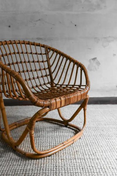 Tito Agnoli Set of 4 Woven Bamboo Armchairs in the style of Tito Agnoli 1970s