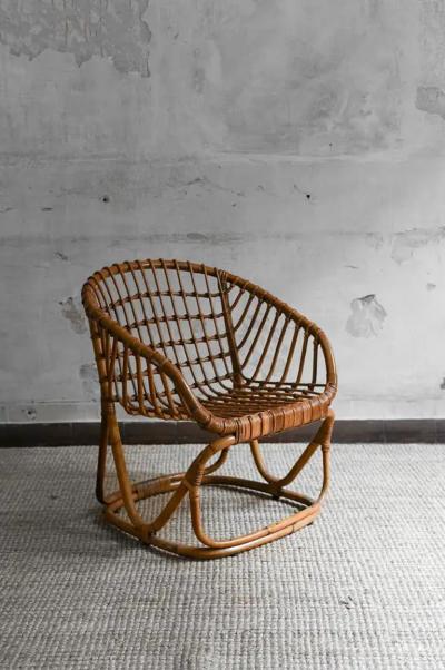 Tito Agnoli Set of 4 Woven Bamboo Armchairs in the style of Tito Agnoli 1970s
