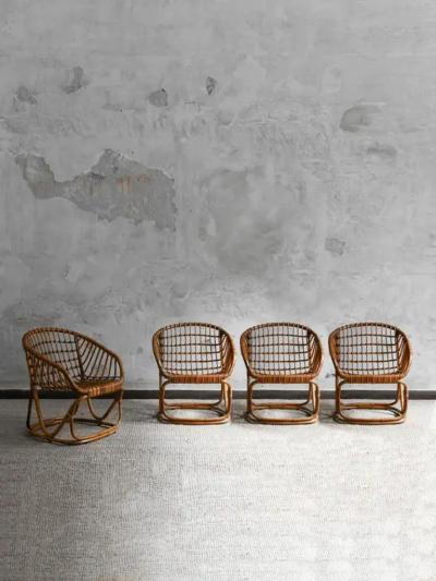 Tito Agnoli Set of 4 Woven Bamboo Armchairs in the style of Tito Agnoli 1970s