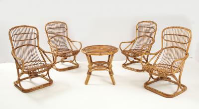 Tito Agnoli Set of Four Bamboo Armchairs and Table by Bonacina Italy 1960s