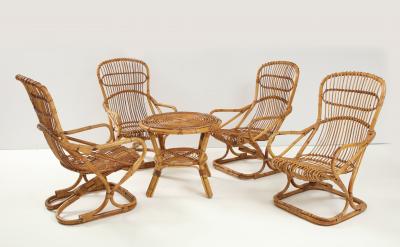Tito Agnoli Set of Four Bamboo Armchairs and Table by Bonacina Italy 1960s