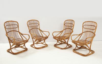 Tito Agnoli Set of Four Bamboo Armchairs and Table by Bonacina Italy 1960s