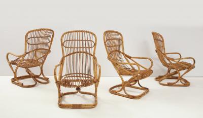 Tito Agnoli Set of Four Bamboo Armchairs and Table by Bonacina Italy 1960s