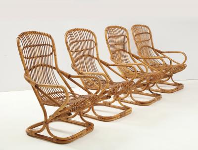 Tito Agnoli Set of Four Bamboo Armchairs and Table by Bonacina Italy 1960s