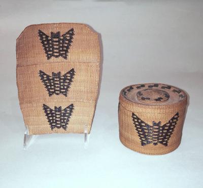 Tlingit lidded rattletop basket and wall pocket