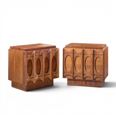 Tobago Brutalist Mid Century Walnut Nightstands Pair