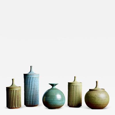 Tom McMillin Tom McMillin Ceramic Vessels with lid and Vase in green USA 1960s