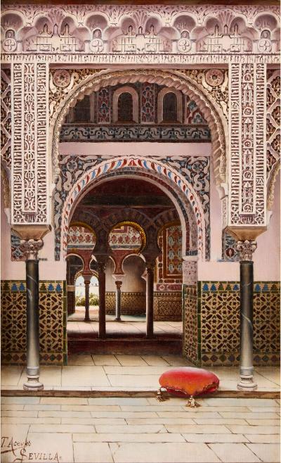 Tom s Aceves Antique Spanish oil painting of the Alc zar of Seville by Tom s Aceves