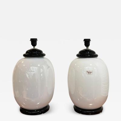 Tomasso Barbi A Pair of Tomasso Barbi White Opaline Murano Glass Table Lamps