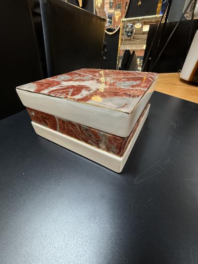 Tommaso Barbi Ceramic Lidded Box with Red Marbleized Glaze and Gold Detailing