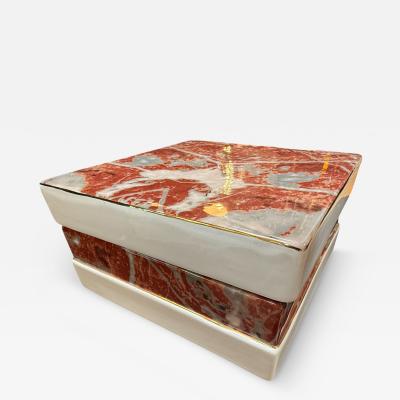 Tommaso Barbi Ceramic Lidded Box with Red Marbleized Glaze and Gold Detailing