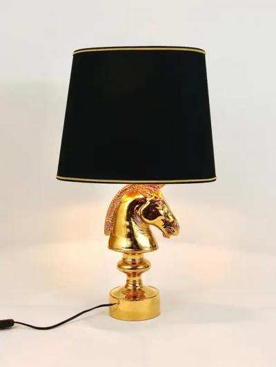 Tommaso Barbi Golden Hollywood Regency Horse Sculpture Table or Side Lamp Italy 1970s