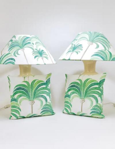 Tommaso Barbi Pair Tommaso Barbi Riviera Palm Tree 1970s Table Lamps With Matching Pillows