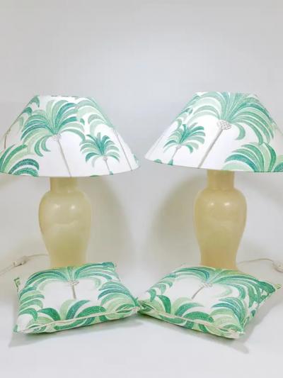 Tommaso Barbi Pair Tommaso Barbi Riviera Palm Tree 1970s Table Lamps With Matching Pillows