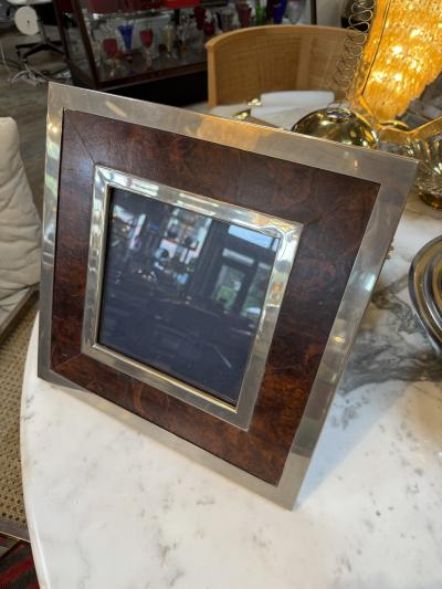 Tommaso Barbi Signed Tommaso Barbi Italian Burl Wood and Brass Picture Frame 1970s