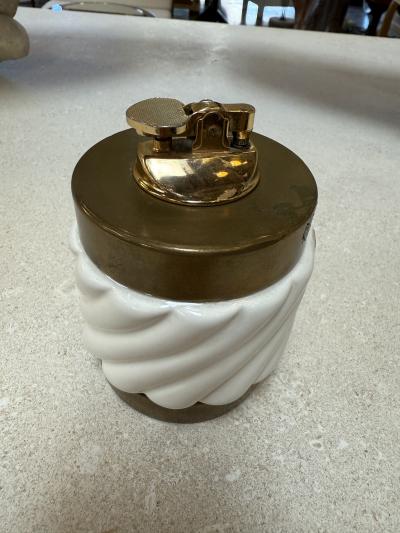 Tommaso Barbi Tommaso Barbi Brass and Ceramic Table Lighter Italy 1970s