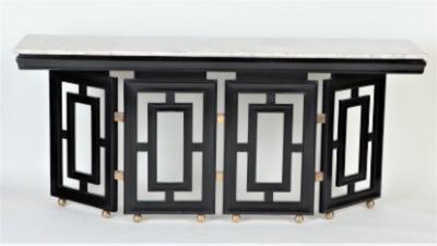 Tommi Parzinger A pair of Mid Century Modern ebonized marble top console tables circa 1950