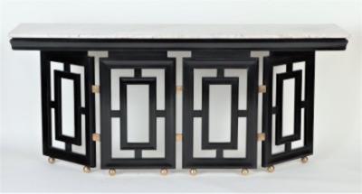 Tommi Parzinger A pair of Mid Century Modern ebonized marble top console tables circa 1950