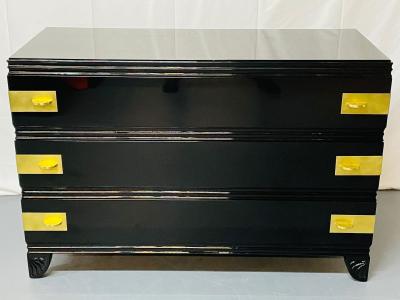 Tommi Parzinger Black Lacquered Campaign Chest Dresser or Commode Hollywood Regency Parzinger