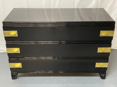 Tommi Parzinger Black Lacquered Campaign Chest Dresser or Commode Hollywood Regency Parzinger