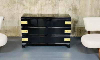 Tommi Parzinger Black Lacquered Campaign Chest Dresser or Commode Hollywood Regency Parzinger