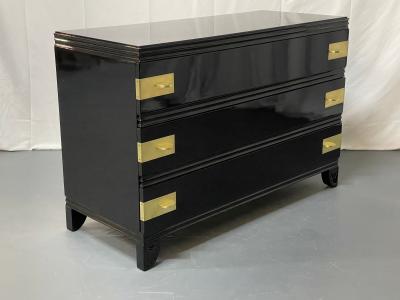 Tommi Parzinger Black Lacquered Campaign Chest Dresser or Commode Hollywood Regency Parzinger