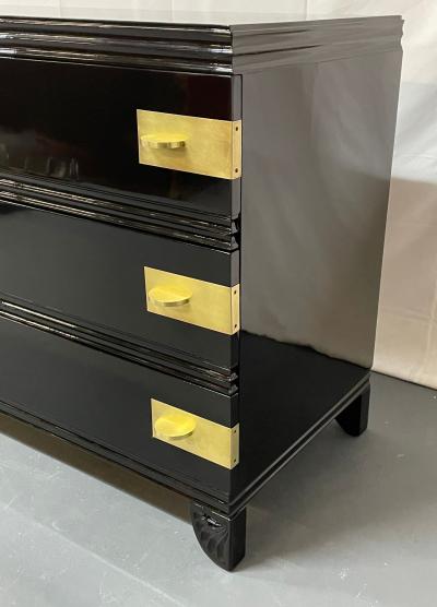 Tommi Parzinger Black Lacquered Campaign Chest Dresser or Commode Hollywood Regency Parzinger