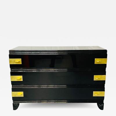 Tommi Parzinger Black Lacquered Campaign Chest Dresser or Commode Hollywood Regency Parzinger