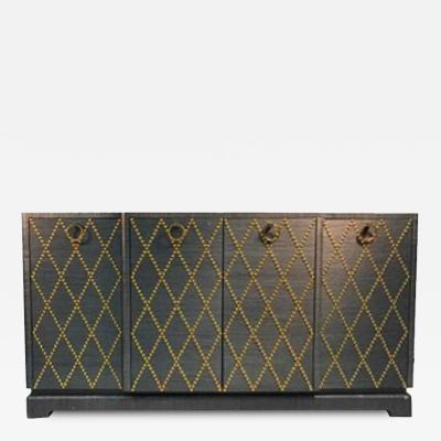 Tommi Parzinger Fabulous Grasscloth Gold Studded Cabinet in the Manner of Tommi Parzinger
