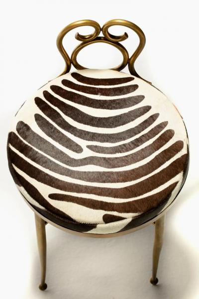 Tommi Parzinger Hollywood Regency Brass Vanity or Dressing Stool in Soft Zebra Print Cowhide