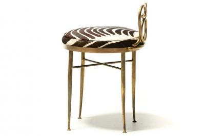 Tommi Parzinger Hollywood Regency Brass Vanity or Dressing Stool in Soft Zebra Print Cowhide
