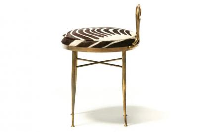 Tommi Parzinger Hollywood Regency Brass Vanity or Dressing Stool in Soft Zebra Print Cowhide