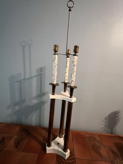 Tommi Parzinger MID CENTURY MODERN BRASS AND MARBLE LAMP WITH ORIGINAL UNUSUAL SHADE