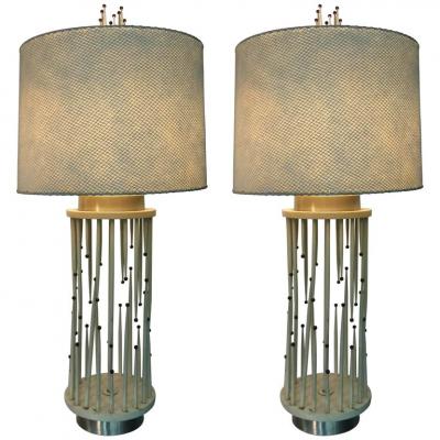 Tommi Parzinger MID CENTURY MODERNIST WHITE WOOD AND BRASS BALL LAMPS WITH ORIGINAL SHADES