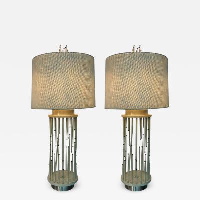 Tommi Parzinger MID CENTURY MODERNIST WHITE WOOD AND BRASS BALL LAMPS WITH ORIGINAL SHADES