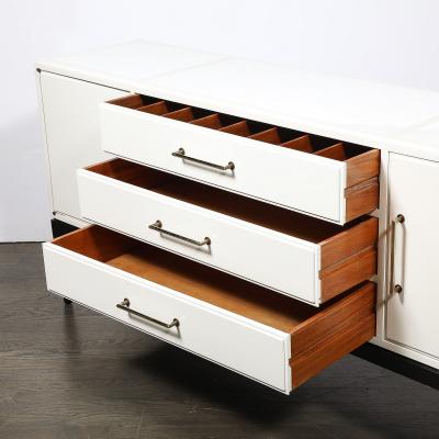 Tommi Parzinger Mid Century Cream Lacquer w Black Lacquer Supports Sideboard by Tommi Parzinger