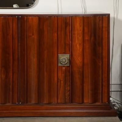 Tommi Parzinger Mid Century Fluted Walnut Sideboard w Sculptural Brass Pulls by Tommi Parzinger