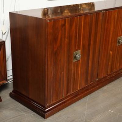 Tommi Parzinger Mid Century Fluted Walnut Sideboard w Sculptural Brass Pulls by Tommi Parzinger