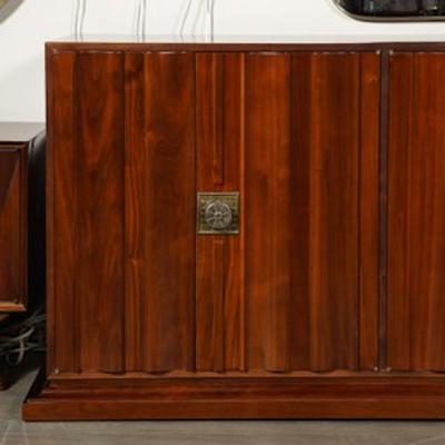 Tommi Parzinger Mid Century Fluted Walnut Sideboard w Sculptural Brass Pulls by Tommi Parzinger