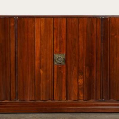Tommi Parzinger Mid Century Fluted Walnut Sideboard w Sculptural Brass Pulls by Tommi Parzinger