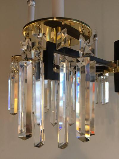 Tommi Parzinger Midcentury Brass and Black Crystal Eight Arm Chandelier Parzinger Style