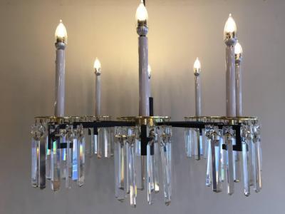 Tommi Parzinger Midcentury Brass and Black Crystal Eight Arm Chandelier Parzinger Style