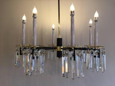 Tommi Parzinger Midcentury Brass and Black Crystal Eight Arm Chandelier Parzinger Style