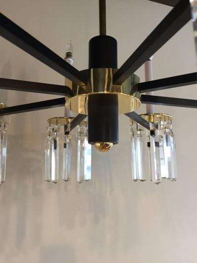 Tommi Parzinger Midcentury Brass and Black Crystal Eight Arm Chandelier Parzinger Style