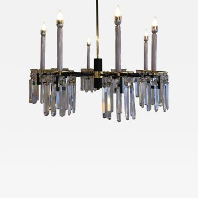 Tommi Parzinger Midcentury Brass and Black Crystal Eight Arm Chandelier Parzinger Style