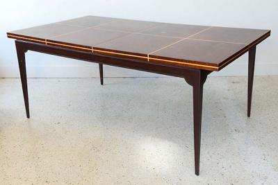 Tommi Parzinger Modern Mahogany and Maple Parquetry Inlaid Dining Table by Tommi Parzinger