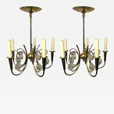 Tommi Parzinger PETITE PAIR OF MID CENTURY BRASS AND CRYSTAL FLORET CHANDELIERS