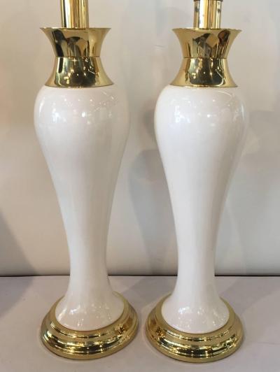Tommi Parzinger Pair of Tommi Parzinger Style Porcelain Brass Lamps