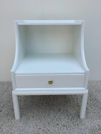 Tommi Parzinger Pair of Tommi Parzinger White Lacquered Elegant Two Tier End Tables Nightstands