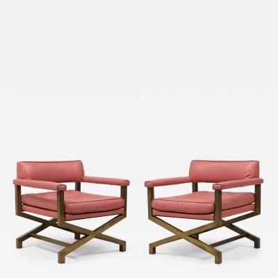 Tommi Parzinger Pair of Upholstered Campaign Armchairs Attributed to Tommi Parzinger